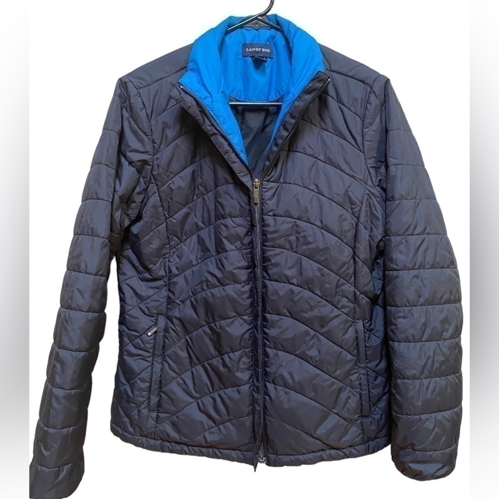 Lands End S(6-8) black with blue trim puffer coat - Picture 1 of 5
